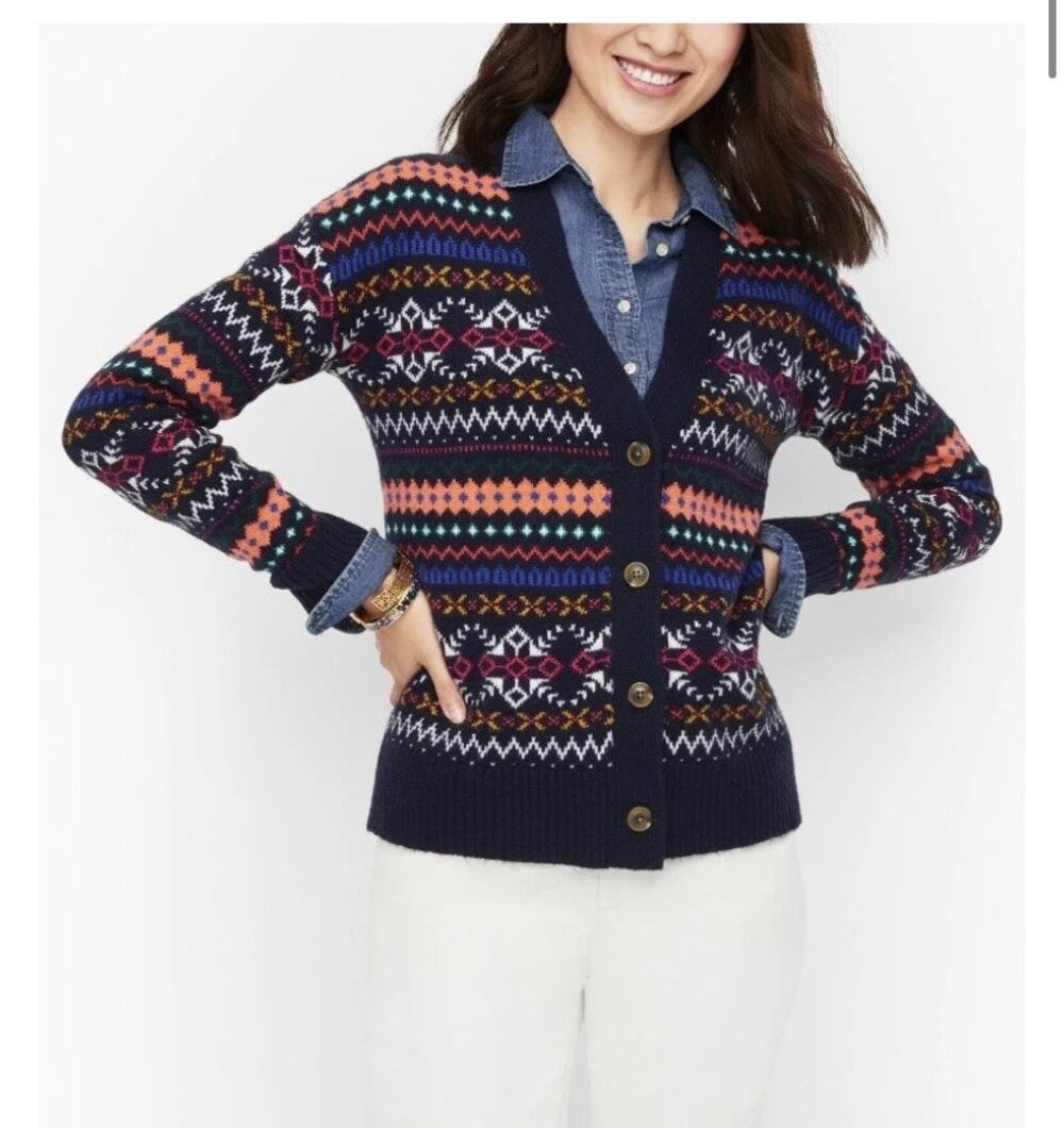 Talbots Fair Isle Cardigan Sweater M Navy Multicolor Nordic Button Front